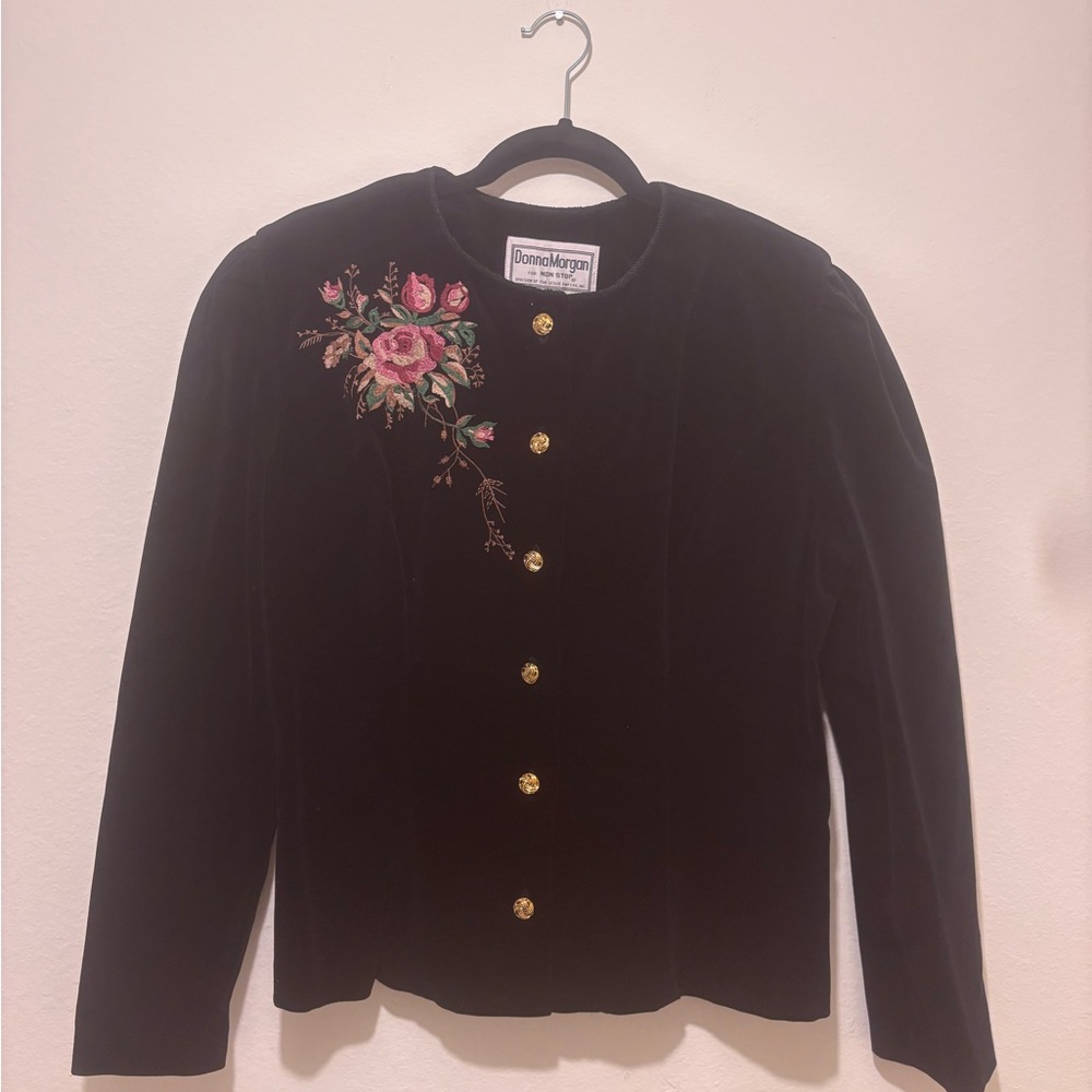 Vintage Donna Morgan Black Velvet Jacket with Floral Embroidery